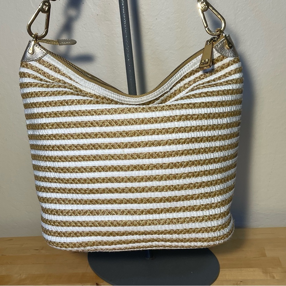 Eric Javits Straw Tan White Stripe Dame Bucket Bag - Picture 4 of 16
